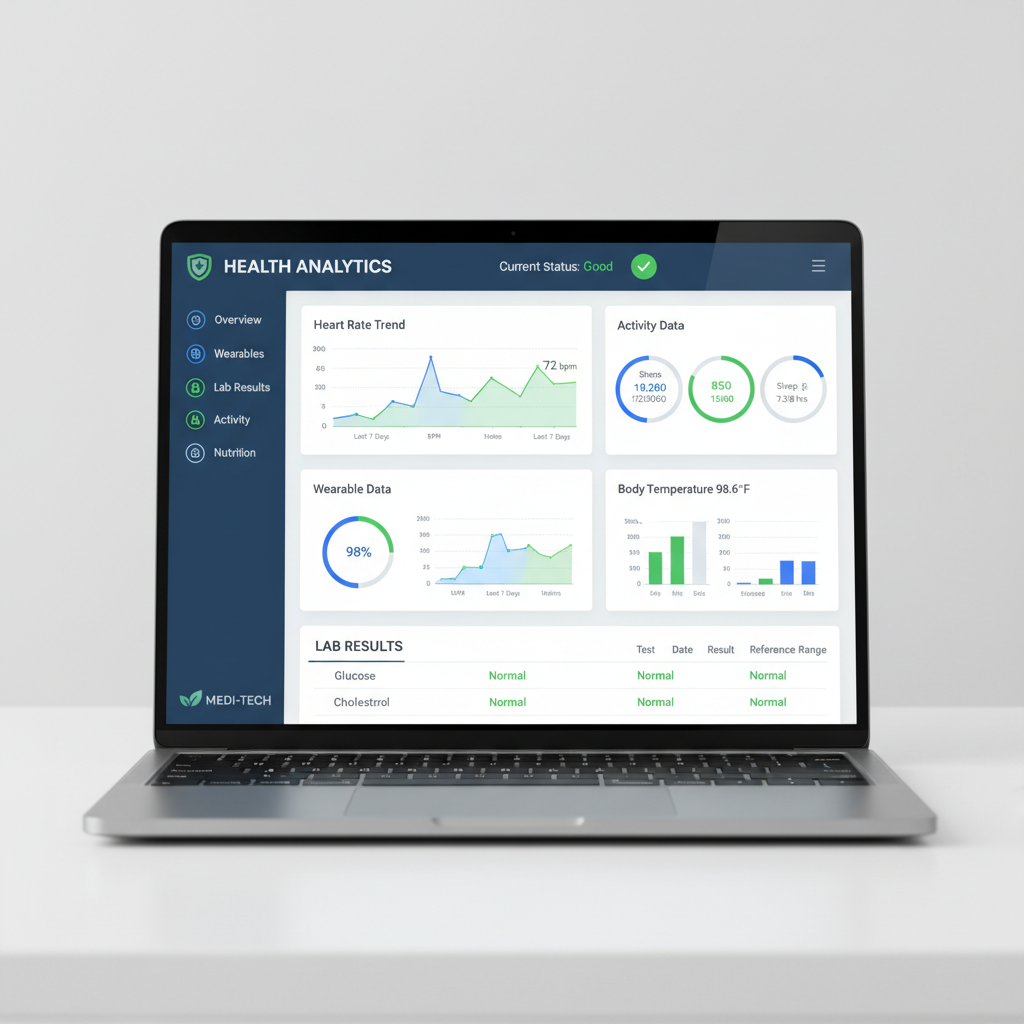 Real-time health monitoring dashboard: comprehensive patient health profile displaying vital signs, lab results, activity metrics, and AI-generated health insights