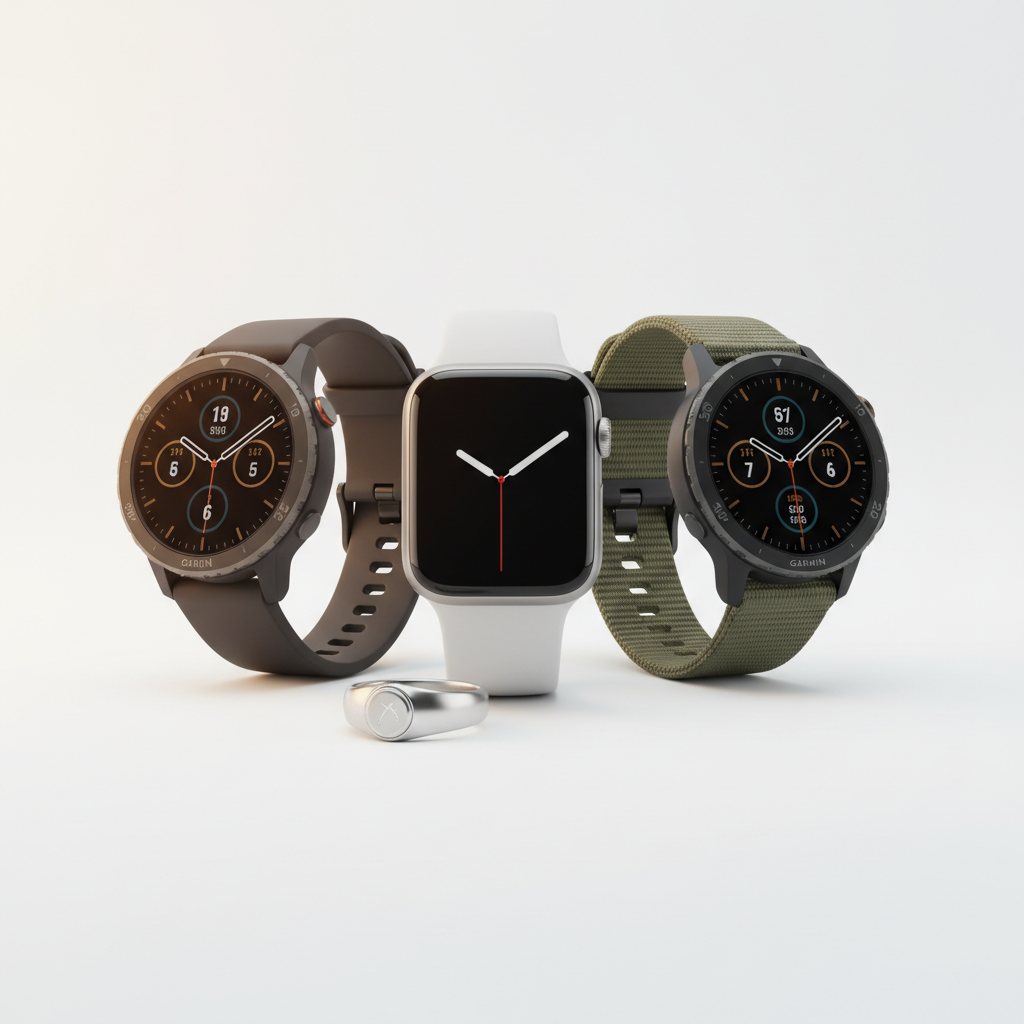 Wearable device integration: smartwatch and fitness tracker displaying real-time health metrics including heart rate, steps, and activity data