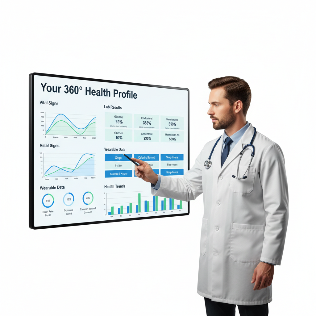 Medical health profile visualization: translucent white human body silhouette with cardiovascular data callouts showing heart rate trends, blood pressure readings, ECG waveform, and cholesterol levels