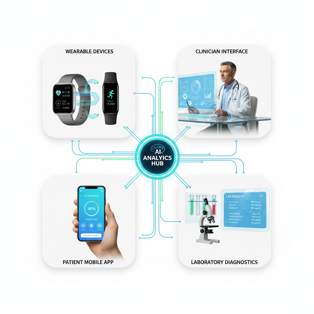 Professional physician in white coat reviewing 360 degree health profile dashboard displaying vital signs, lab results, wearable data metrics, and health trends charts